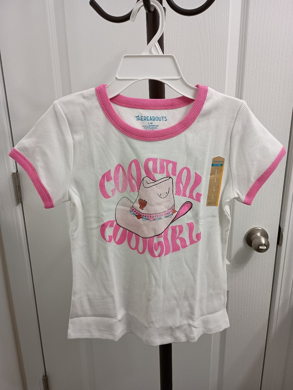 Thereabouts Rib Girl's Short Sleeve Distressed Graphic Tee Cowgirl Large 14 Pink